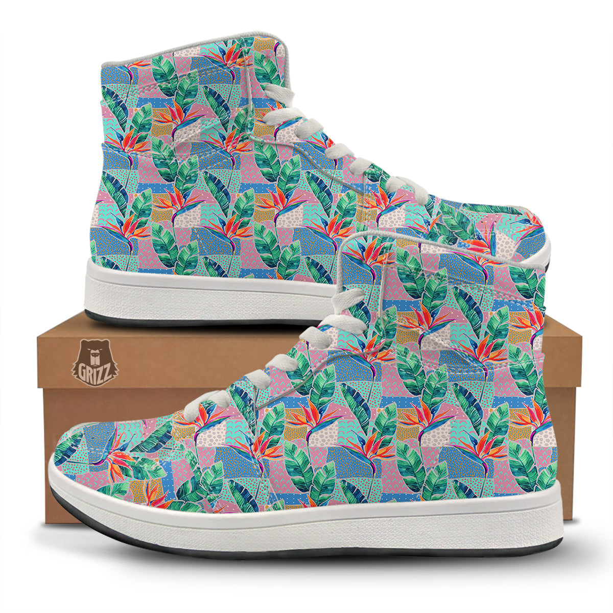 Hand Drawn Watercolor Tropical Print Pattern High Top Sneakers-grizzshop