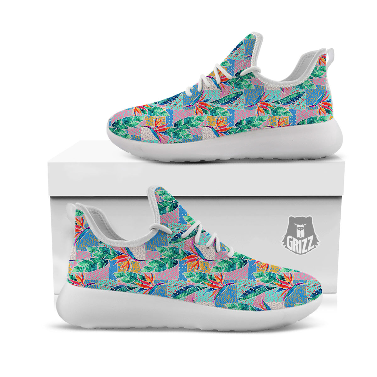 Hand Drawn Watercolor Tropical Print Pattern White Athletic Shoes-grizzshop
