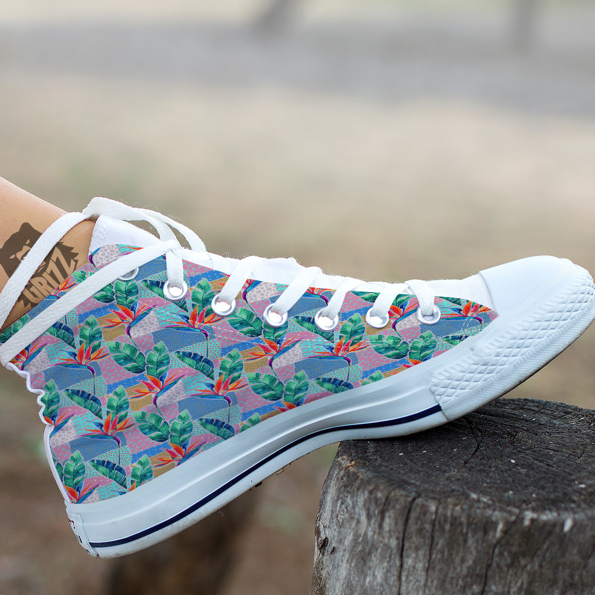 Hand Drawn Watercolor Tropical Print Pattern White High Top Shoes-grizzshop