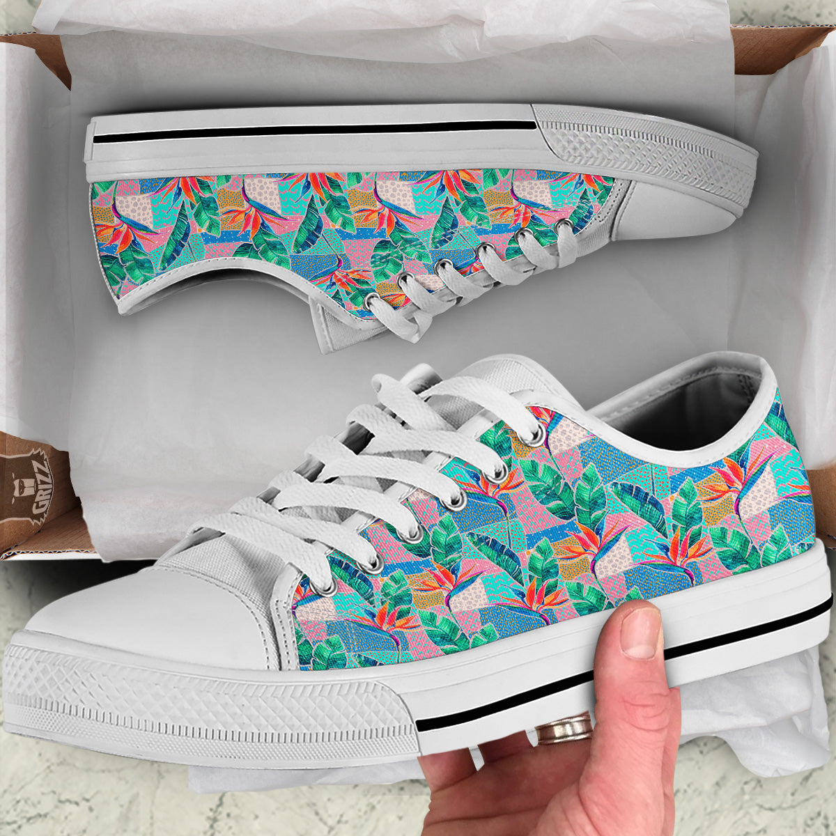 Hand Drawn Watercolor Tropical Print Pattern White Low Top Shoes-grizzshop