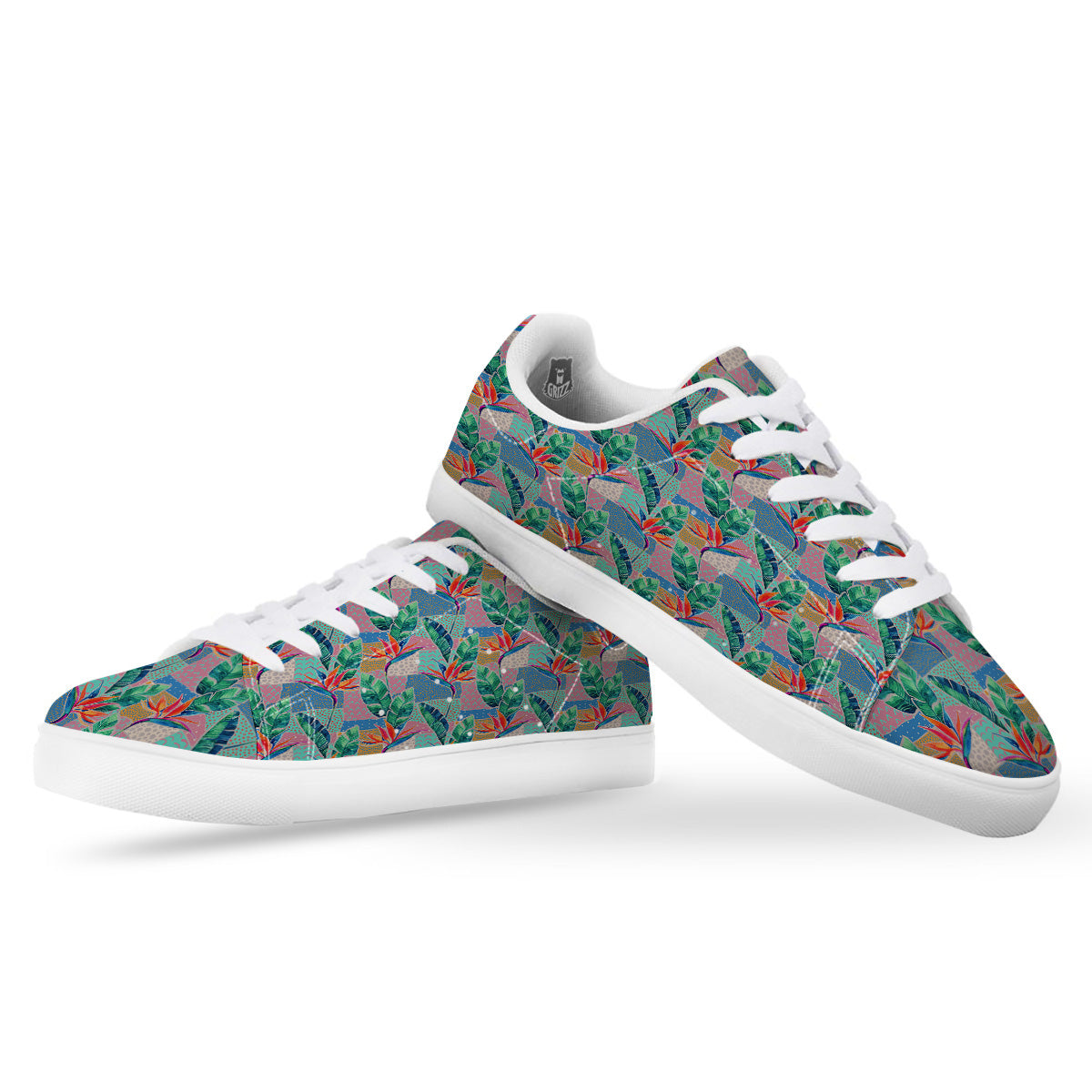 Hand Drawn Watercolor Tropical Print Pattern White Low Top Sneakers-grizzshop