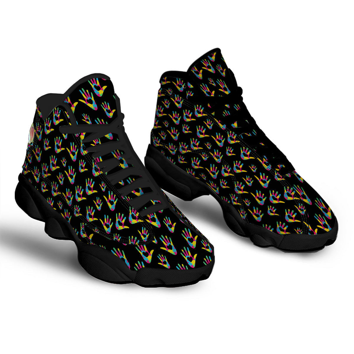 Hand Shaped Autism Day Print Pattern Black Basketball Shoes-grizzshop