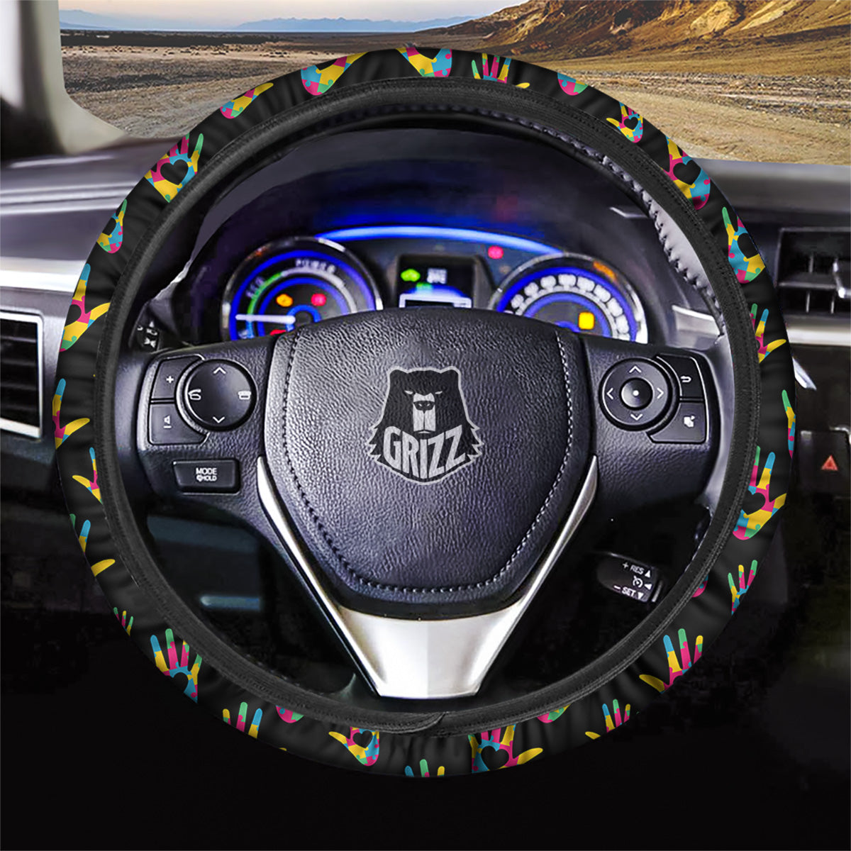 Hand Shaped Autism Day Print Pattern Car Steering Wheel Cover-grizzshop