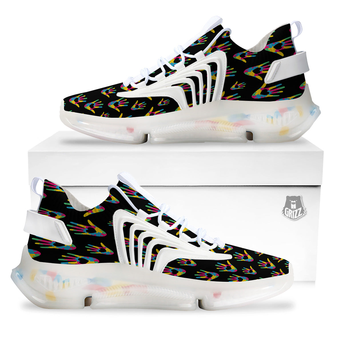 Hand Shaped Autism Day Print Pattern White Gym Shoes-grizzshop