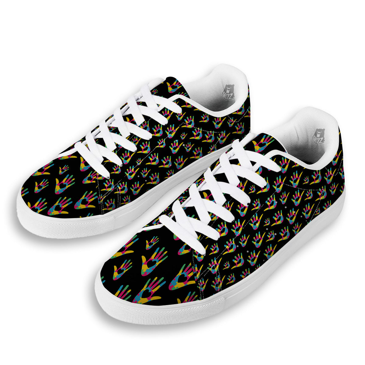 Hand Shaped Autism Day Print Pattern White Low Top Sneakers-grizzshop