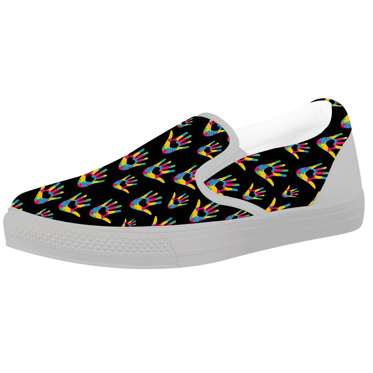 Hand Shaped Autism Day Print Pattern White Slip On Shoes-grizzshop
