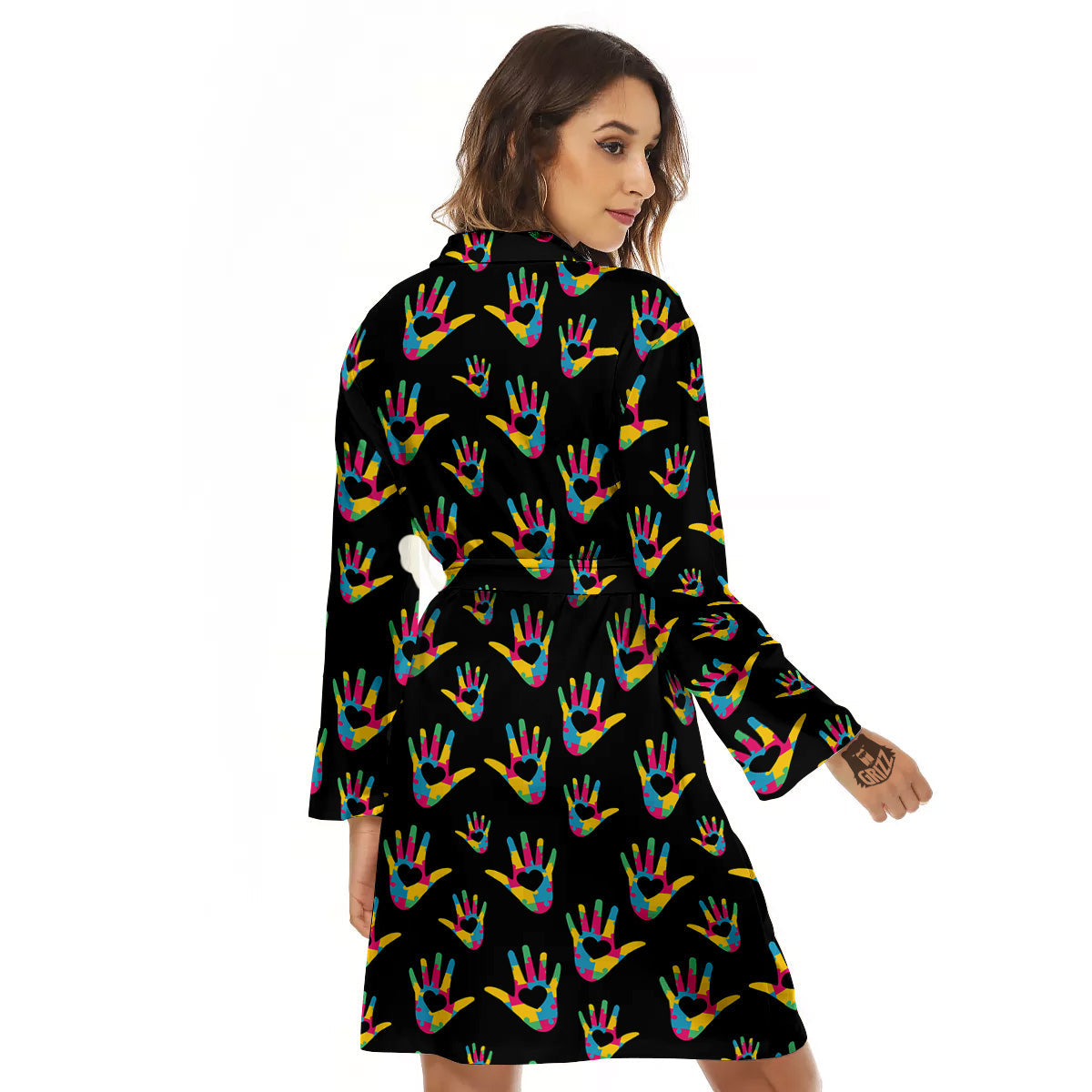 Hand Shaped Autism Day Print Pattern Women's Robe-grizzshop