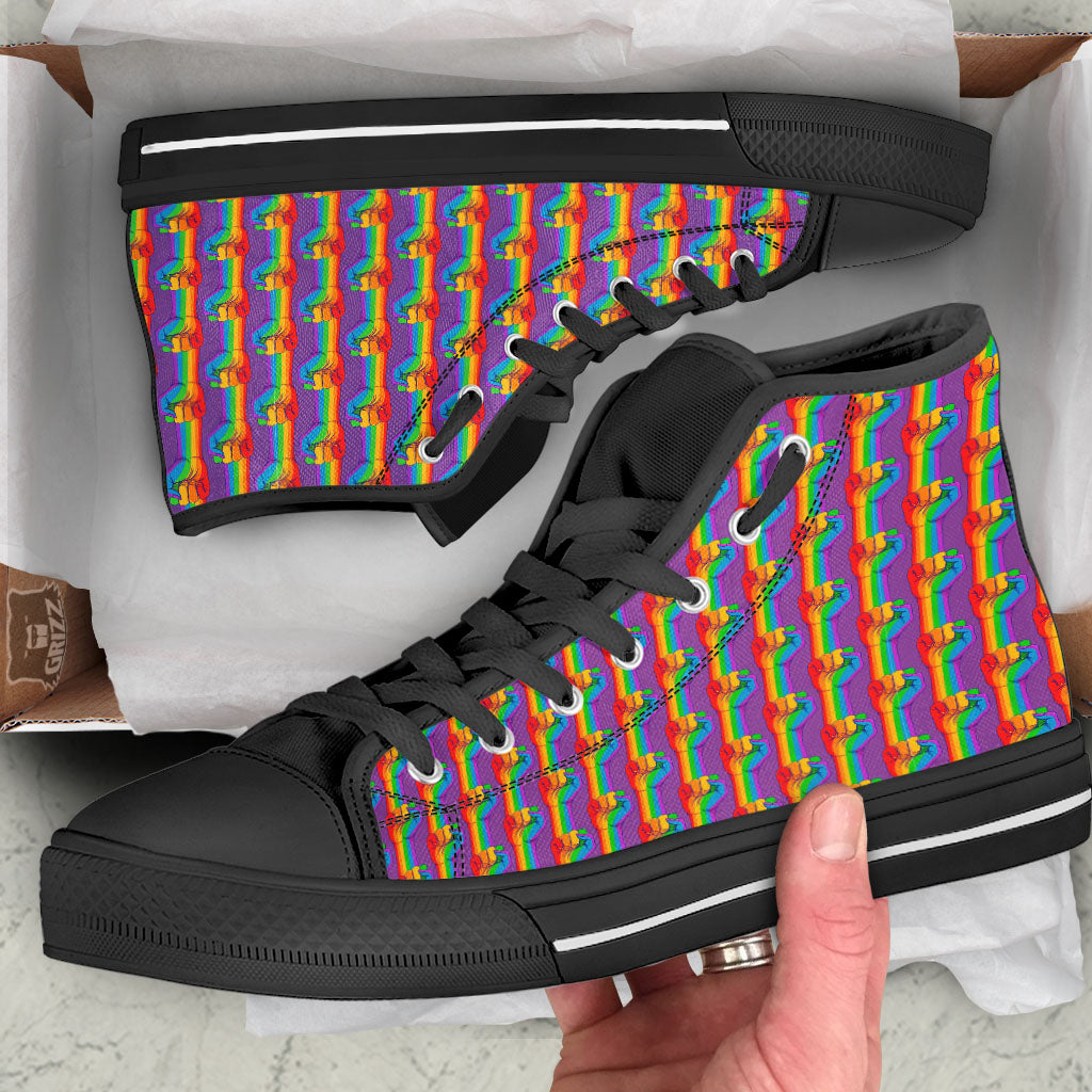 Hand Sign Gay Pride Print Pattern Black High Top Shoes-grizzshop