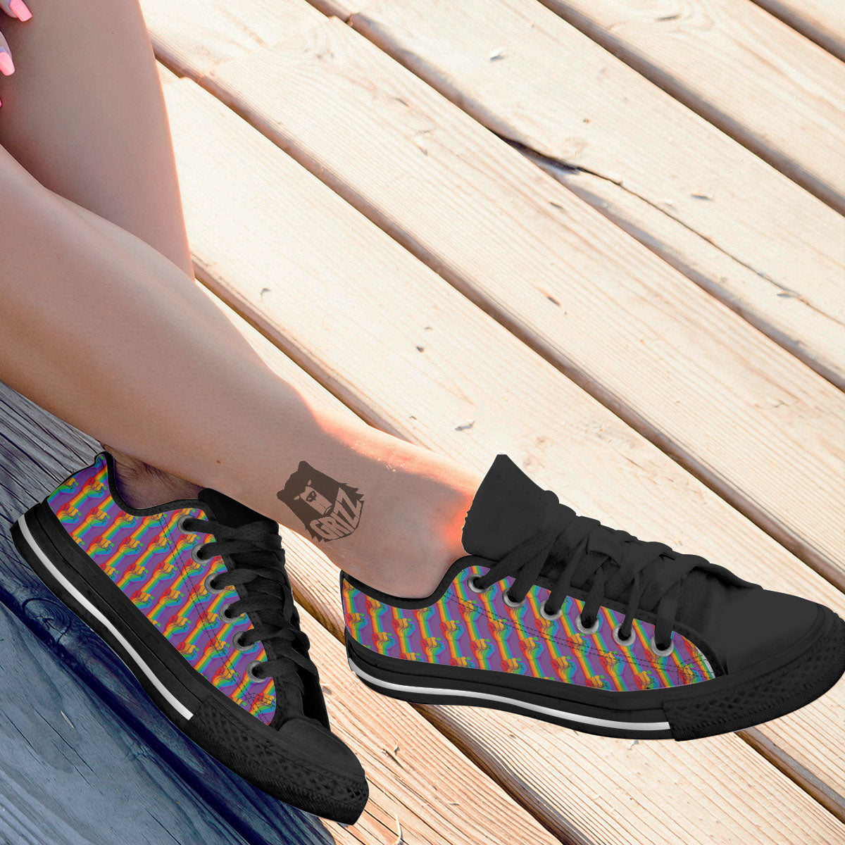 Hand Sign Gay Pride Print Pattern Black Low Top Shoes-grizzshop