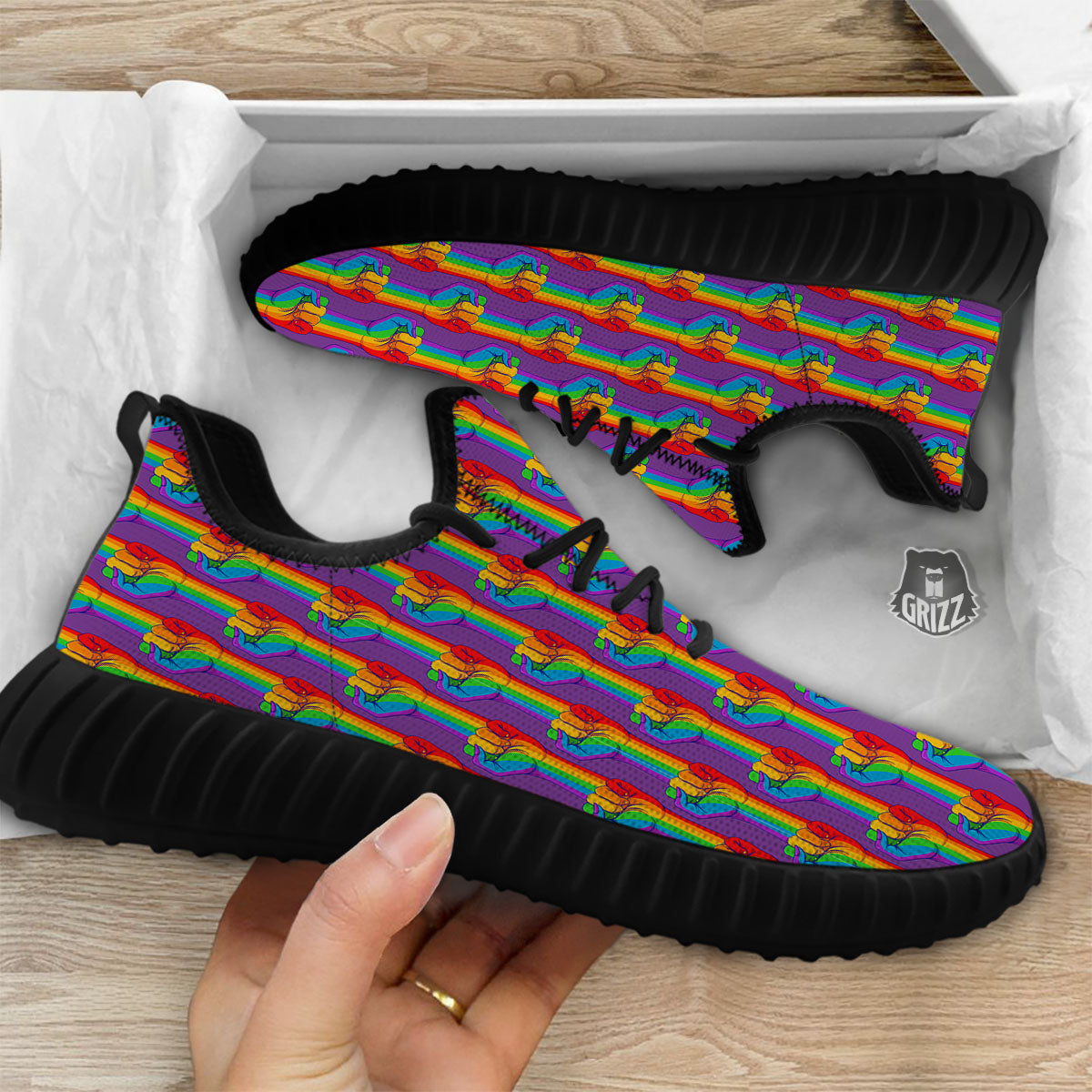 Hand Sign Gay Pride Print Pattern Black Walking Shoes-grizzshop