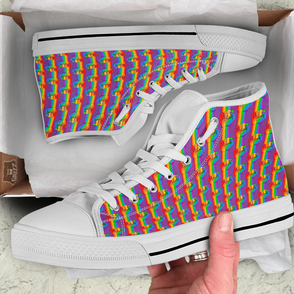 Hand Sign Gay Pride Print Pattern White High Top Shoes-grizzshop