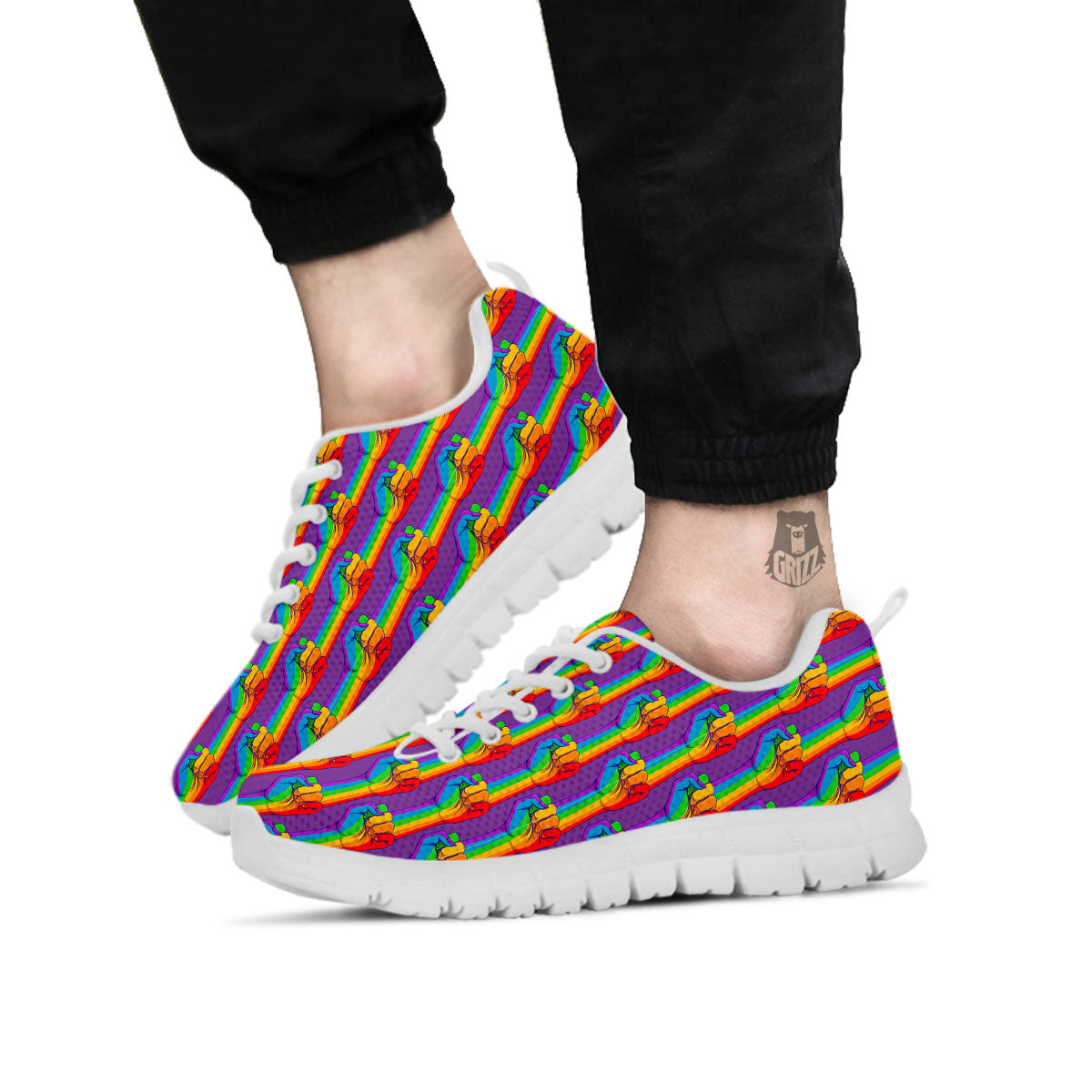 Hand Sign Gay Pride Print Pattern White Sneaker-grizzshop