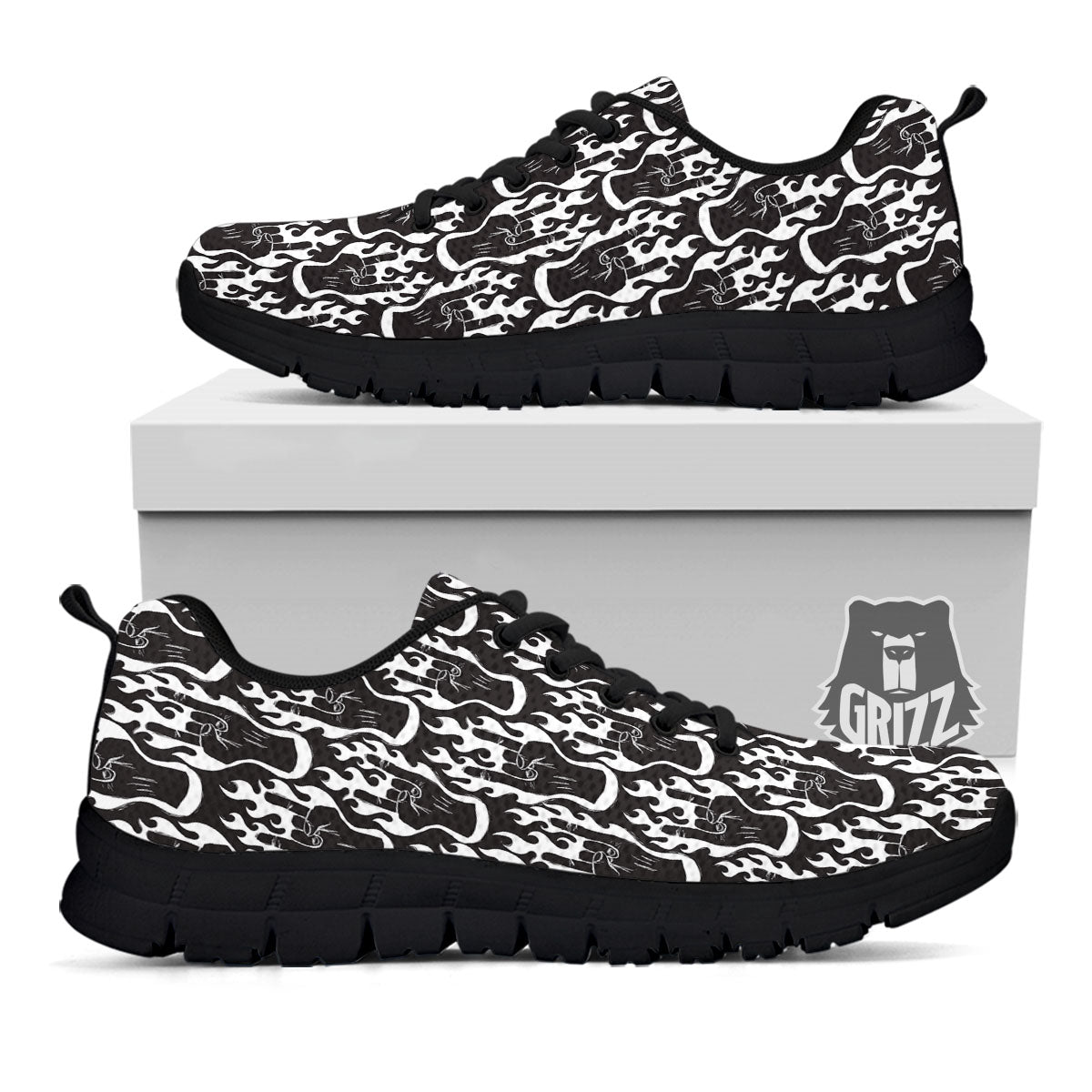 Hand Sign Rock And Roll Print Pattern Black Sneaker-grizzshop