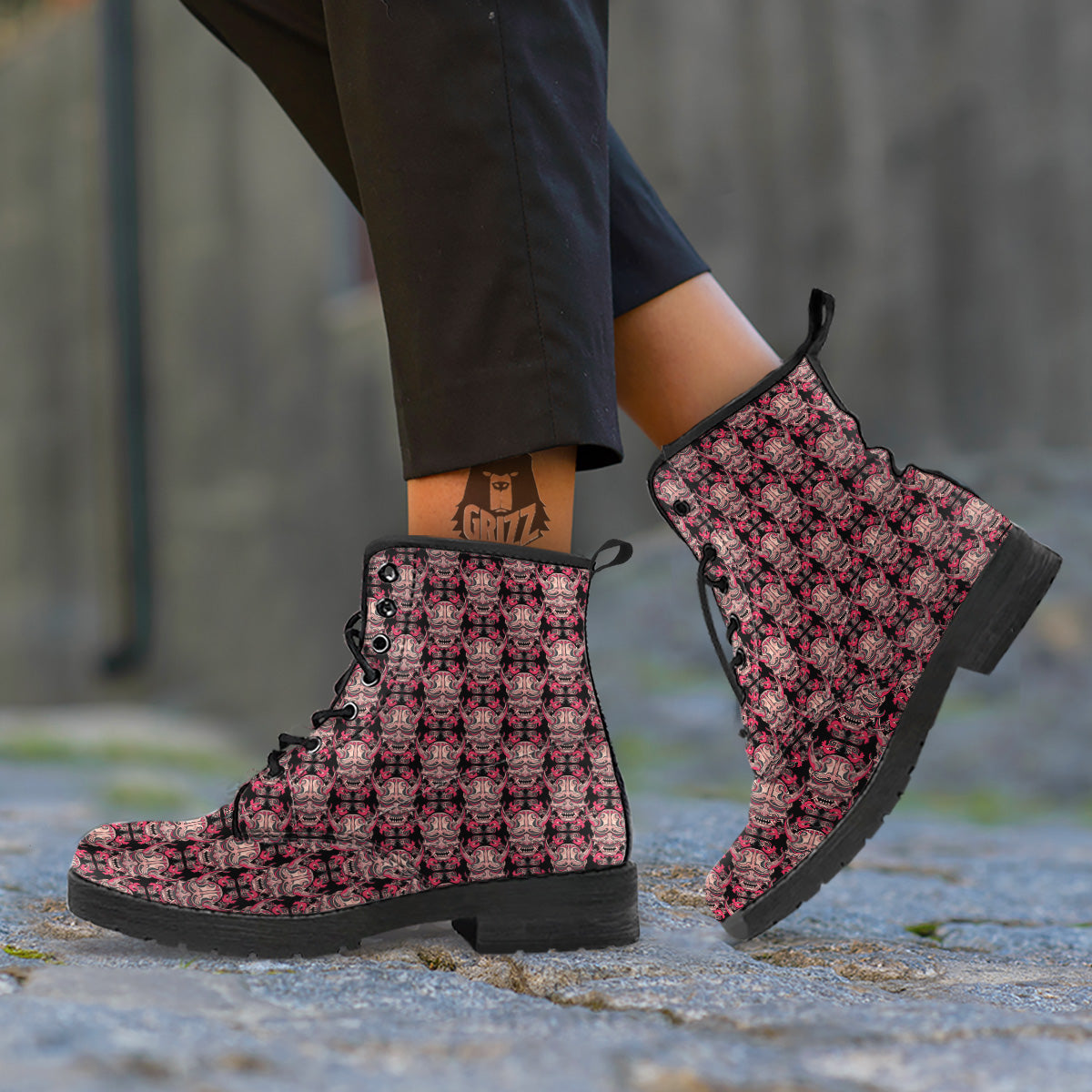 Hannya Mask Vintage Color Print Pattern Leather Boots-grizzshop
