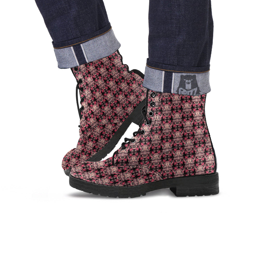 Hannya Mask Vintage Color Print Pattern Leather Boots-grizzshop