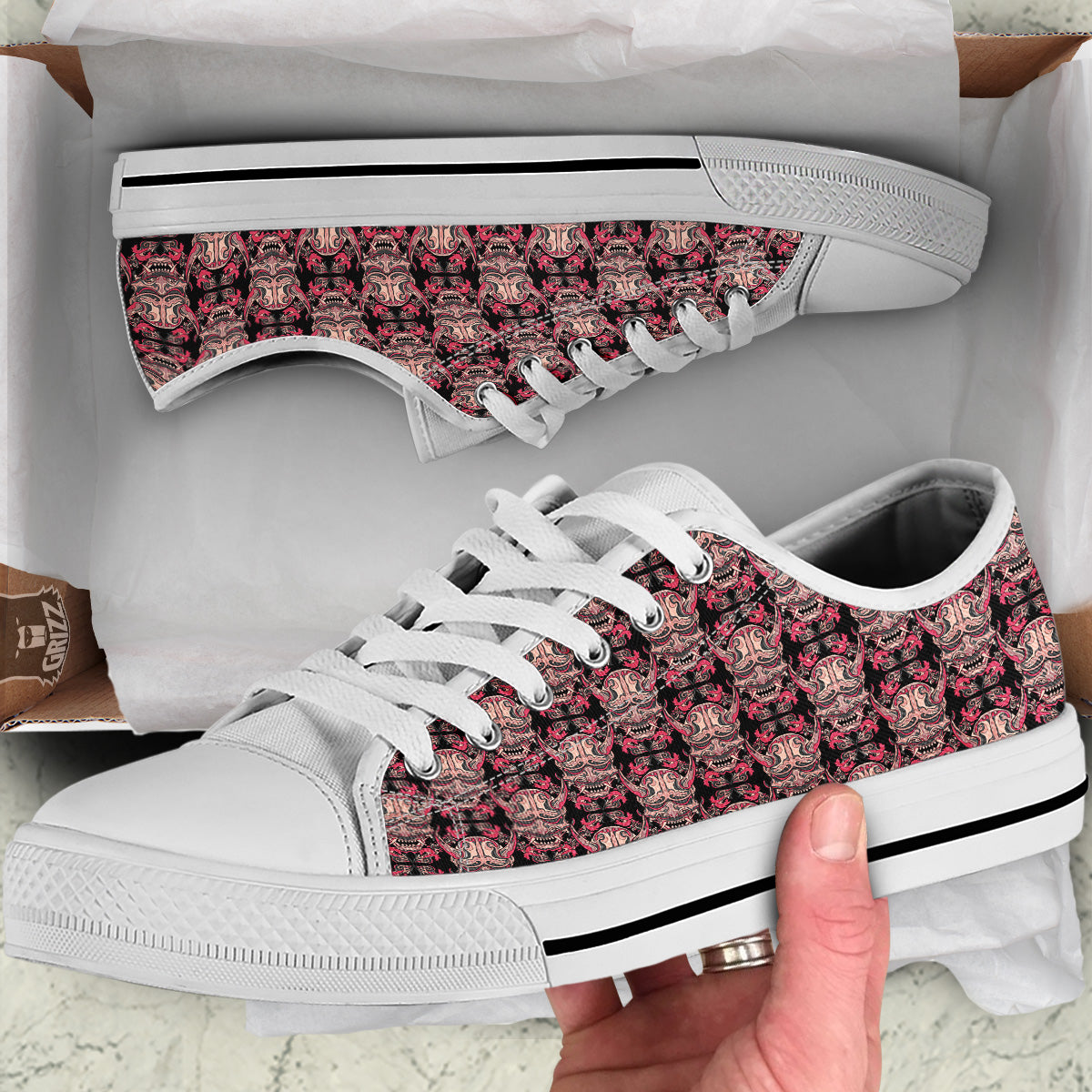Hannya Mask Vintage Color Print Pattern White Low Top Shoes-grizzshop
