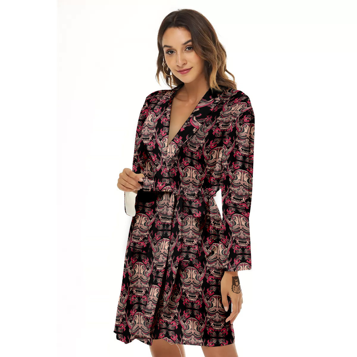 Hannya Mask Vintage Color Print Pattern Women's Robe-grizzshop