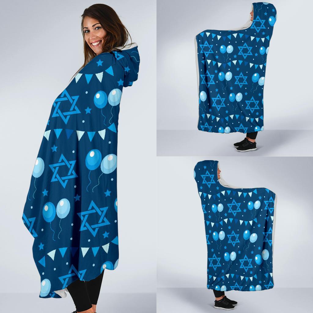 Hanukkah Balloon Print Pattern Hooded Blanket-grizzshop