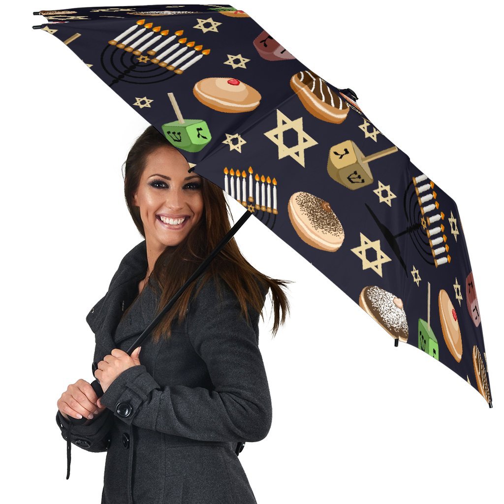 Hanukkah Black Print Pattern Automatic Foldable Umbrella-grizzshop