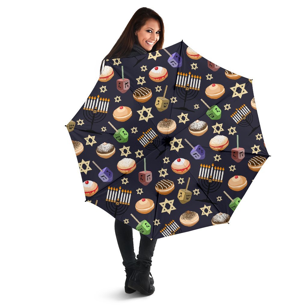 Hanukkah Black Print Pattern Automatic Foldable Umbrella-grizzshop