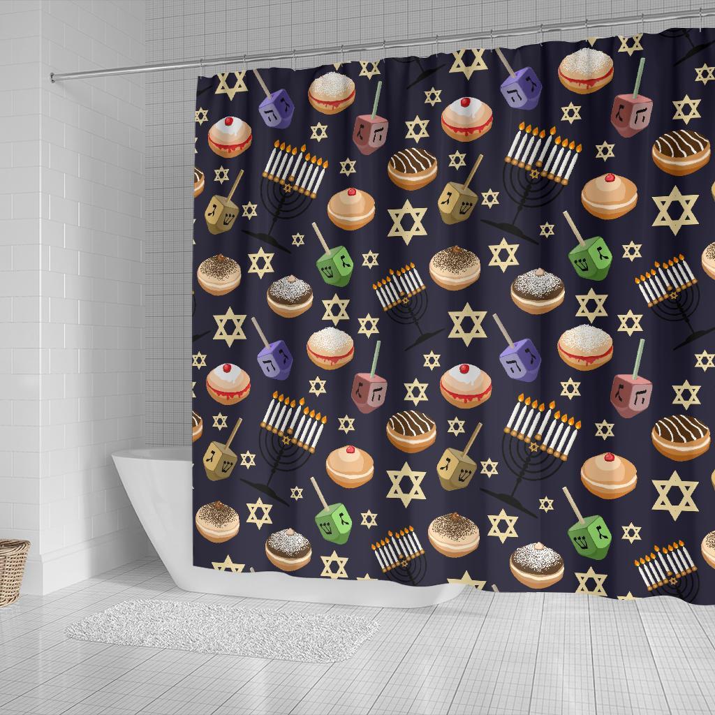 Hanukkah Black Print Pattern Bathroom Shower Curtain-grizzshop