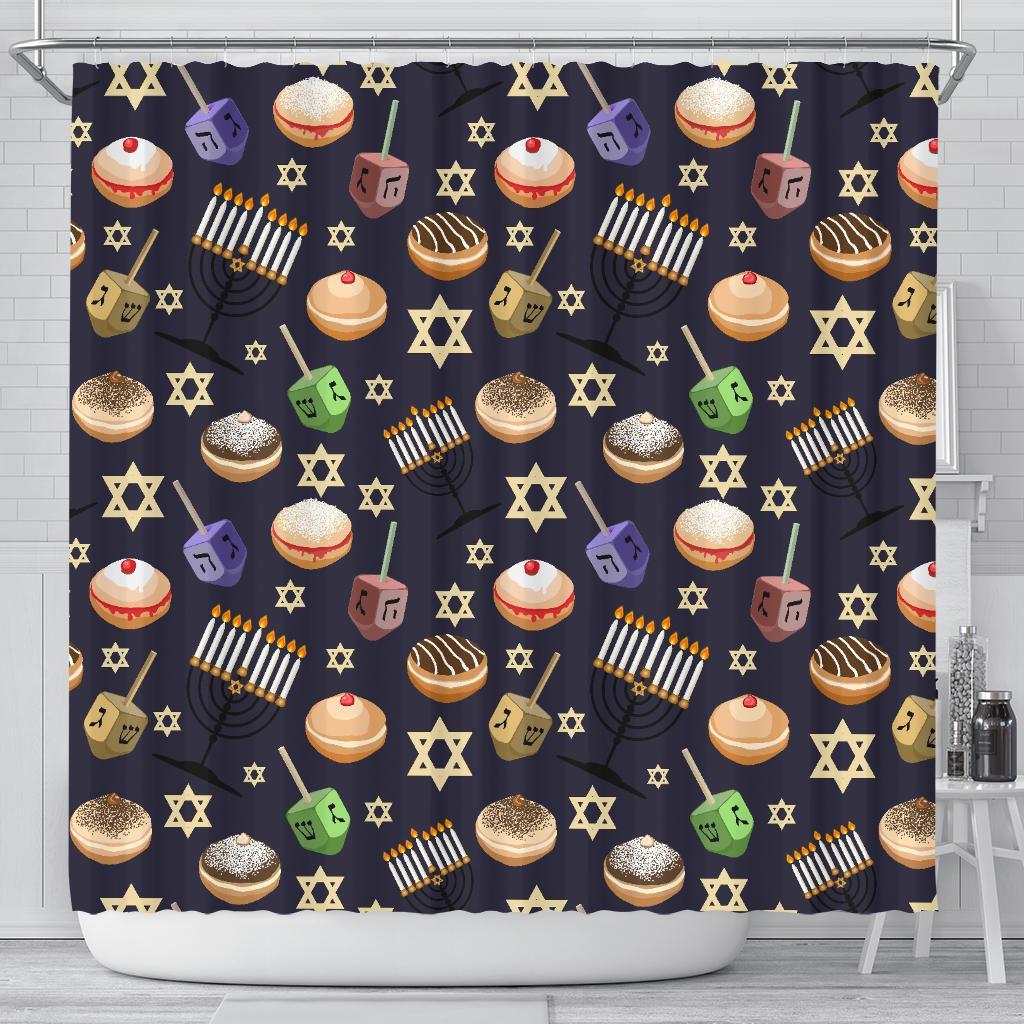 Hanukkah Black Print Pattern Bathroom Shower Curtain-grizzshop