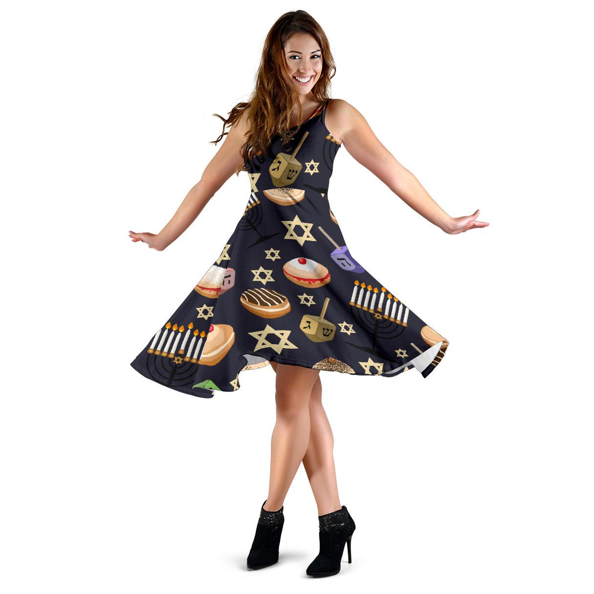 Hanukkah Black Print Pattern Dress-grizzshop