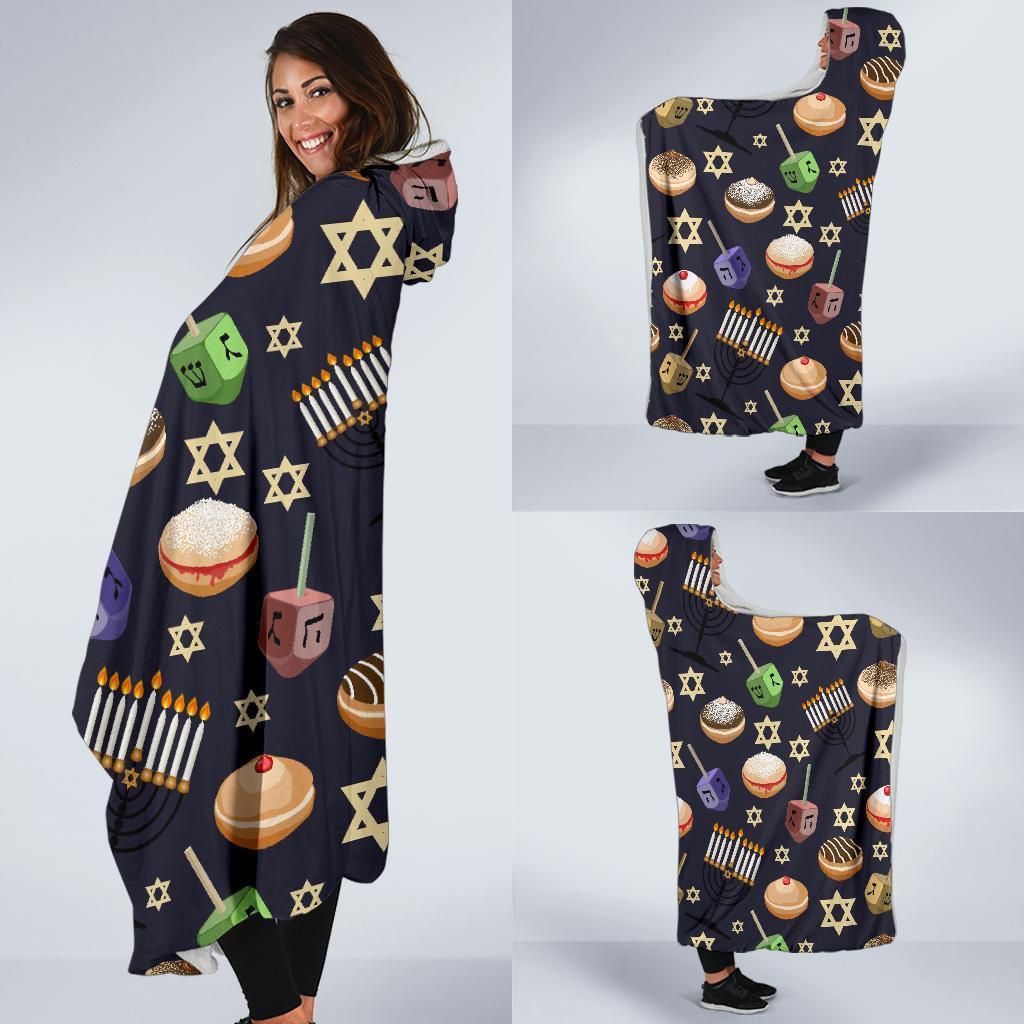 Hanukkah Black Print Pattern Hooded Blanket-grizzshop