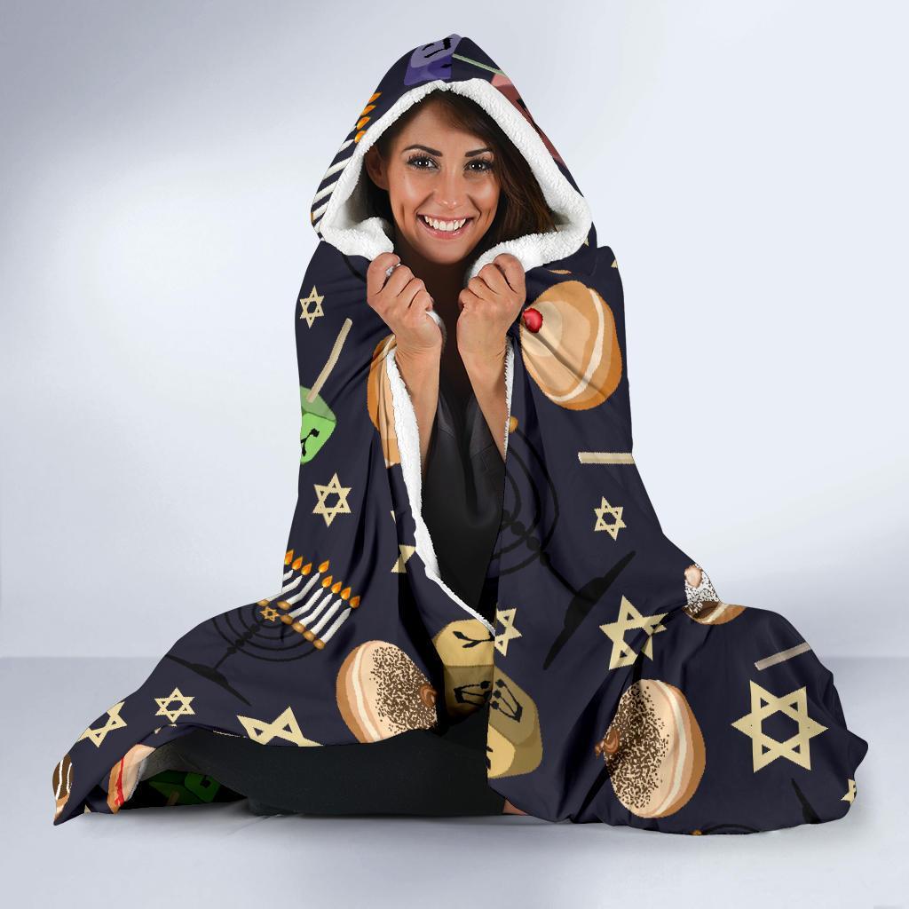 Hanukkah Black Print Pattern Hooded Blanket-grizzshop