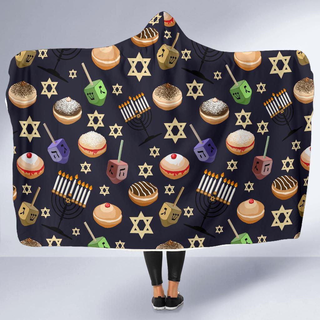 Hanukkah Black Print Pattern Hooded Blanket-grizzshop