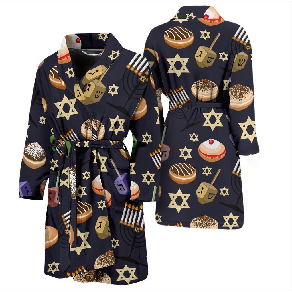 Hanukkah Black Print Pattern Men Long Robe-grizzshop