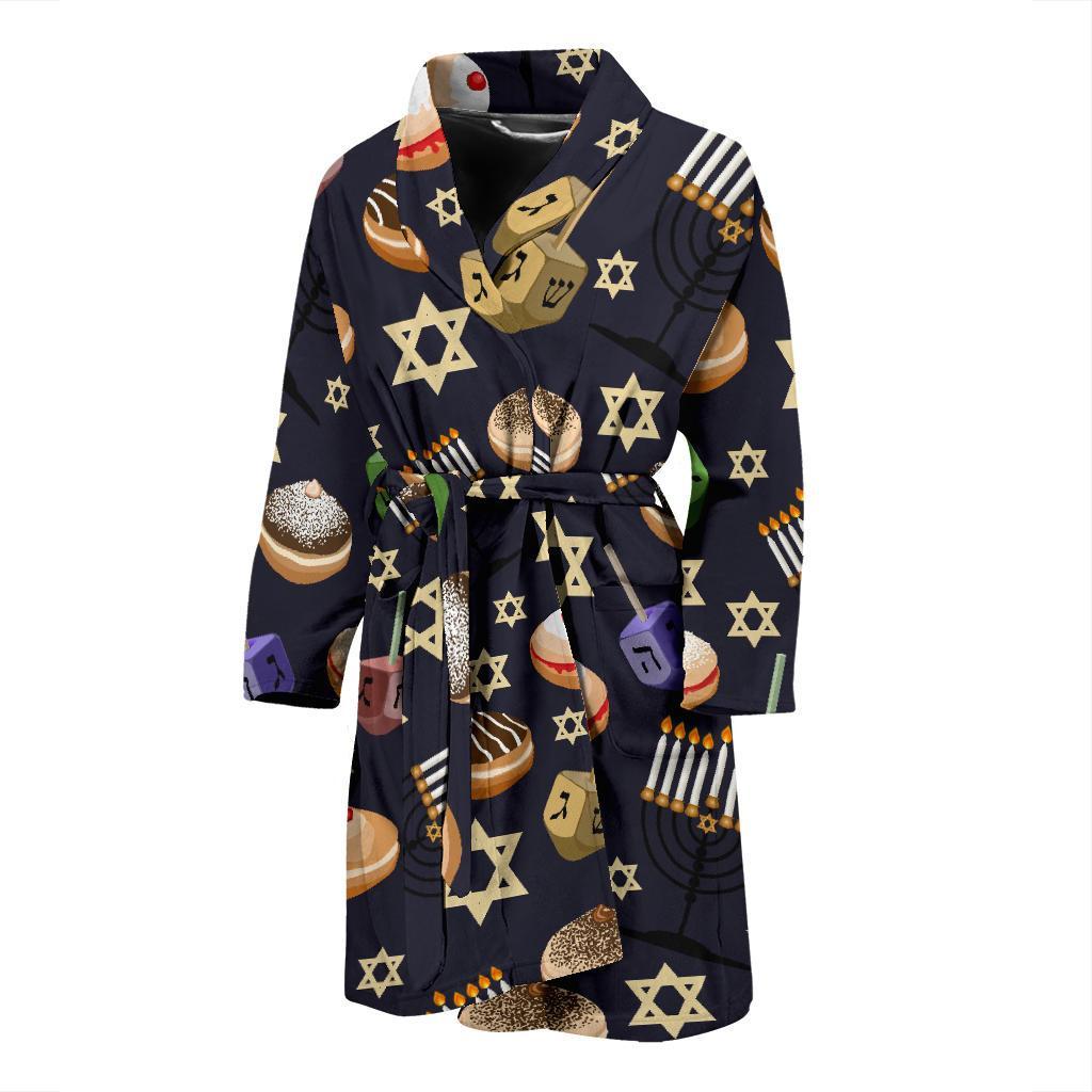 Hanukkah Black Print Pattern Men Long Robe-grizzshop