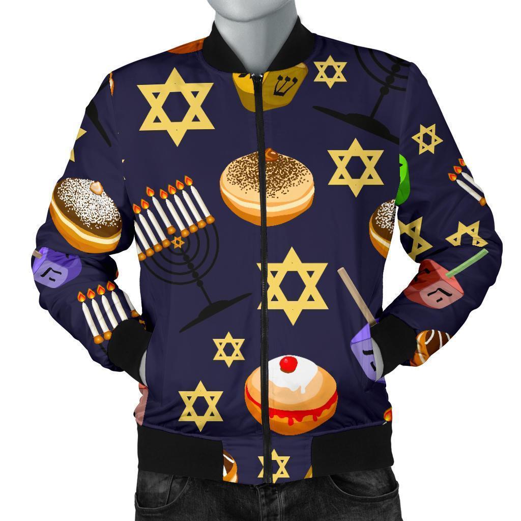 Hanukkah Black Print Pattern Men's Bomber Jacket-grizzshop