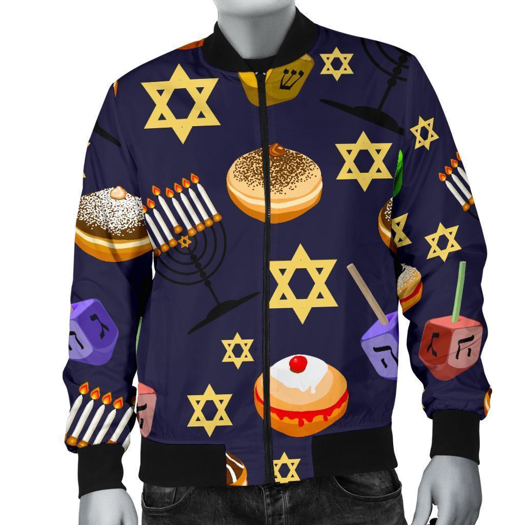 Hanukkah Black Print Pattern Men's Bomber Jacket-grizzshop