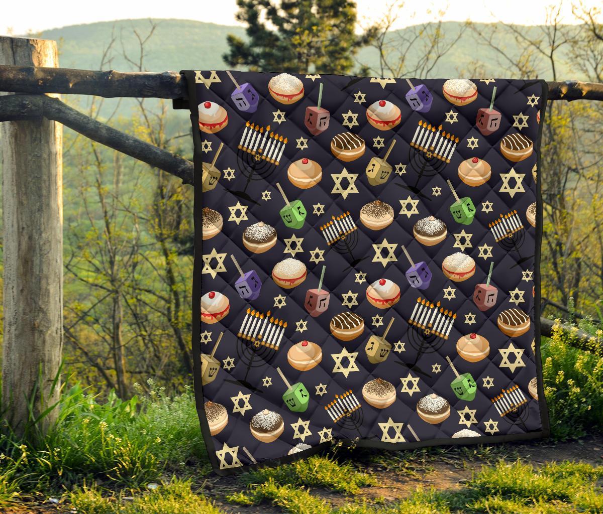 Hanukkah Black Print Pattern Quilt-grizzshop