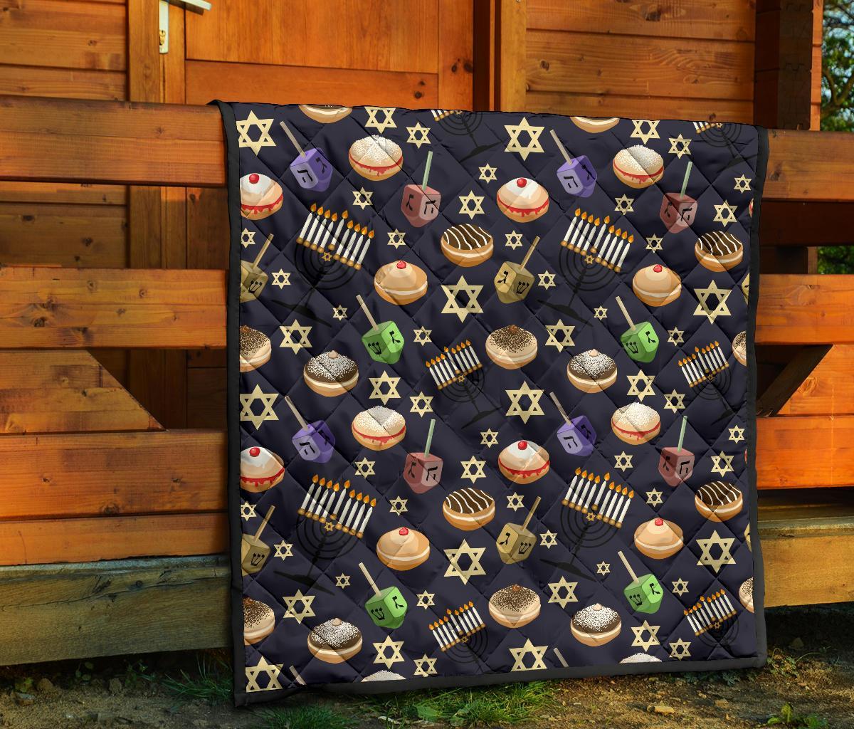 Hanukkah Black Print Pattern Quilt-grizzshop