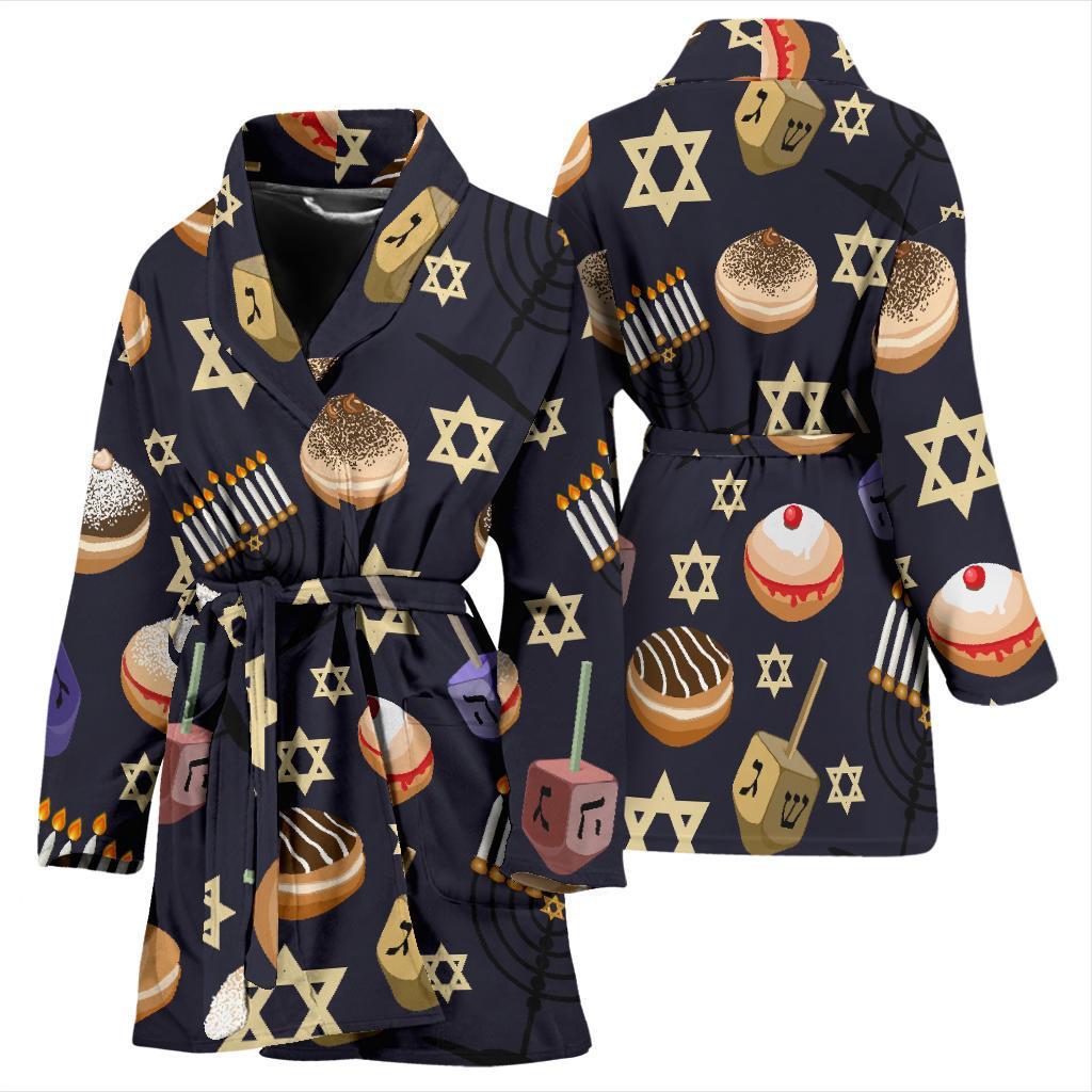 Hanukkah Black Print Pattern Women Long Robe-grizzshop