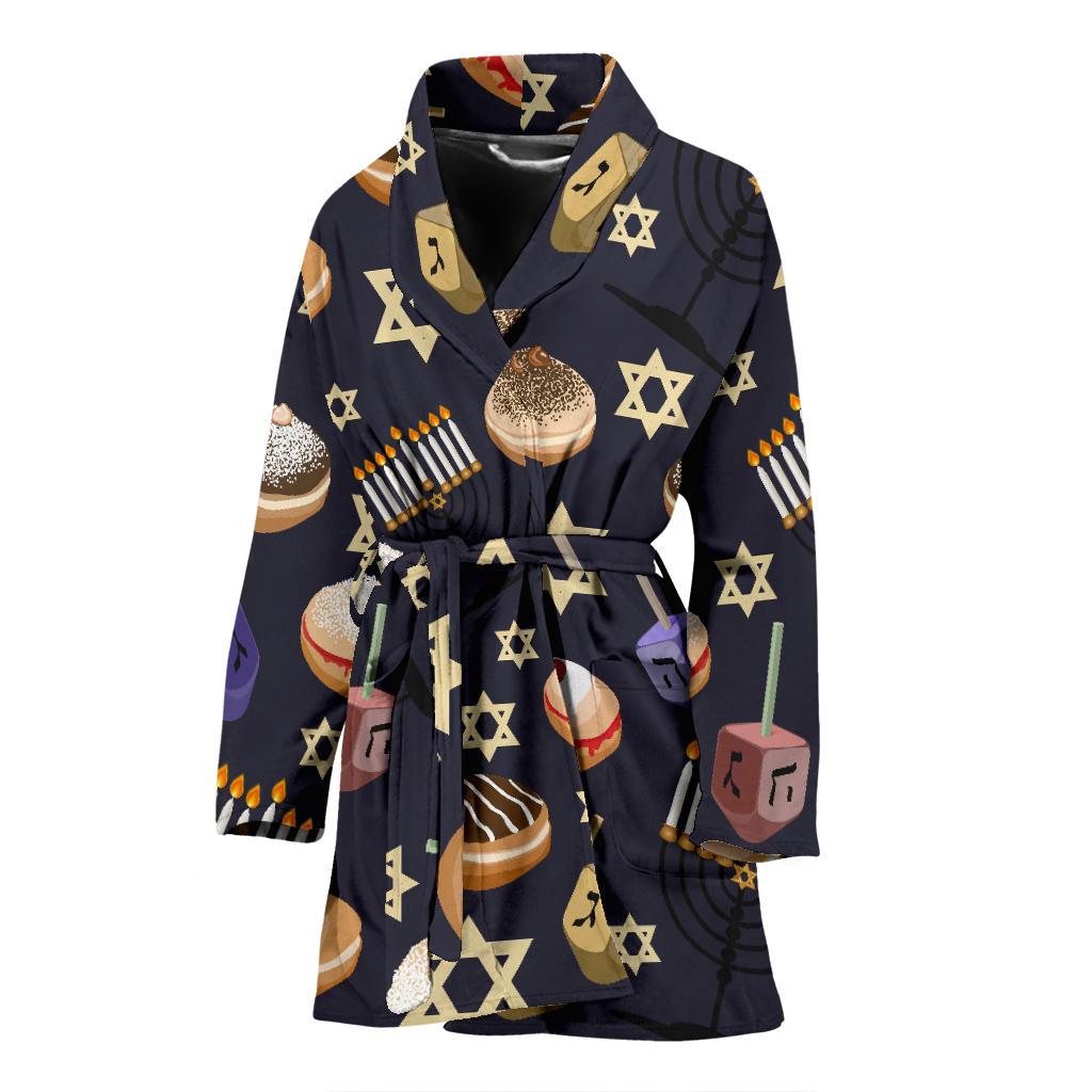 Hanukkah Black Print Pattern Women Long Robe-grizzshop