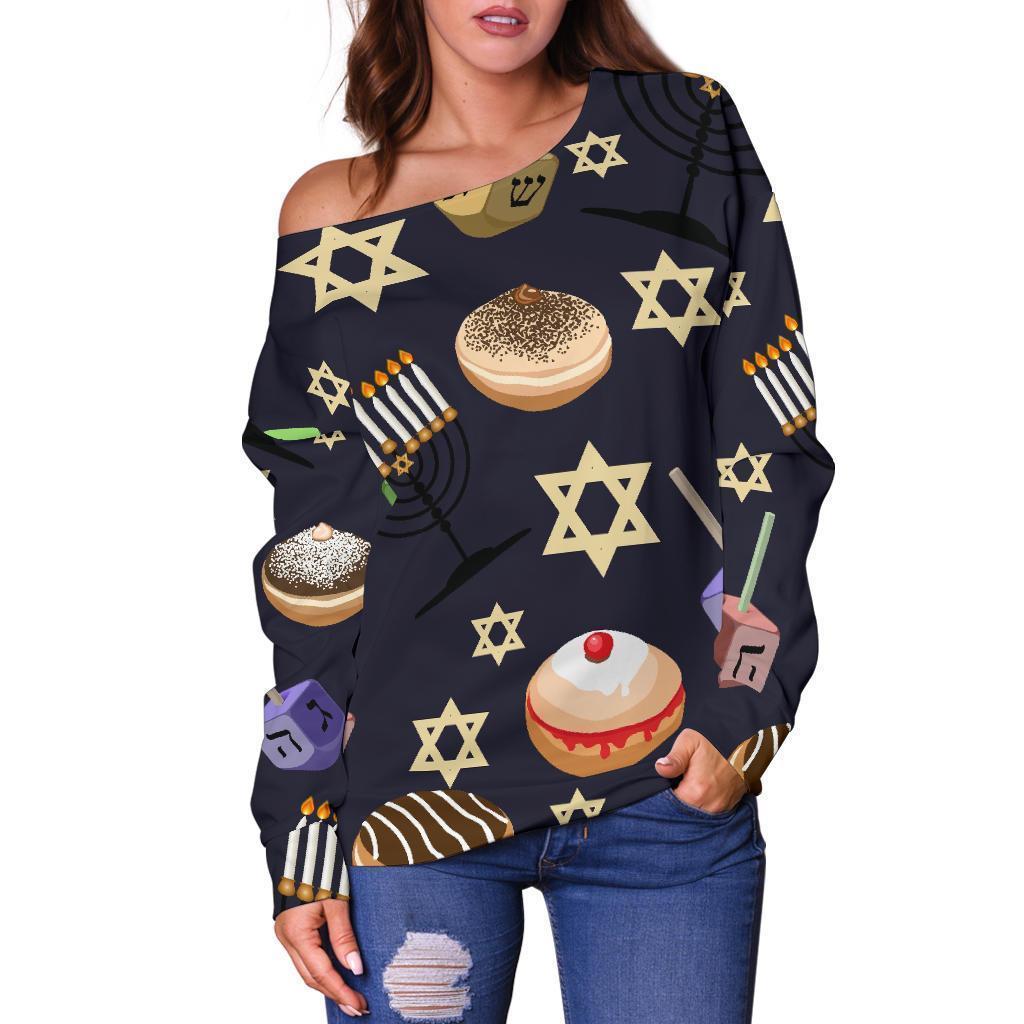 Hanukkah Black Print Pattern Women Off Shoulder Sweatshirt-grizzshop