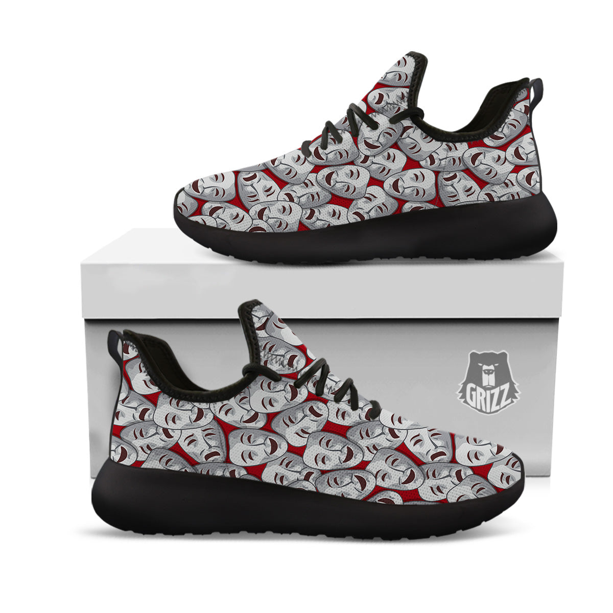 Happy And Sad Theatrical Masks Print Pattern Black Athletic Shoes-grizzshop