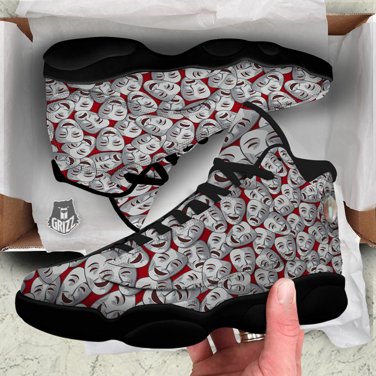 Happy And Sad Theatrical Masks Print Pattern Black Basketball Shoes-grizzshop