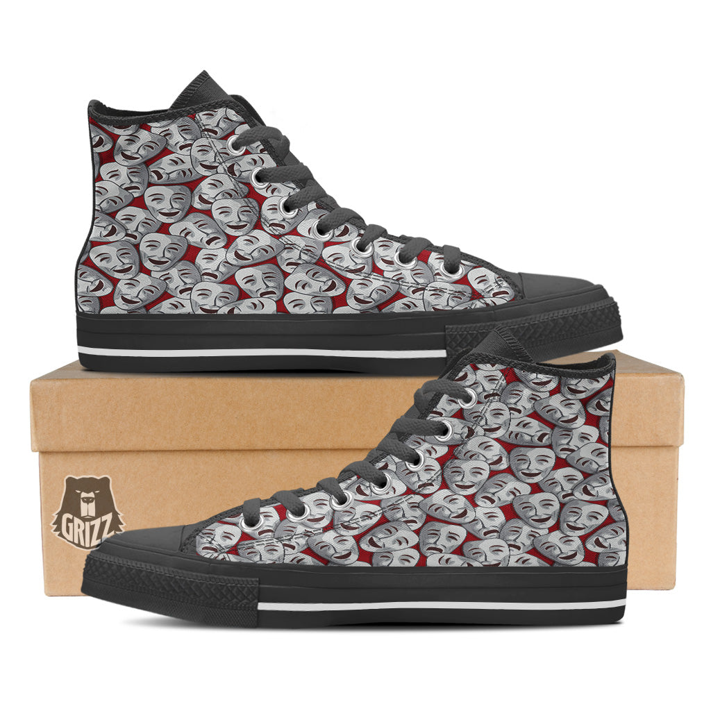 Happy And Sad Theatrical Masks Print Pattern Black High Top Shoes-grizzshop