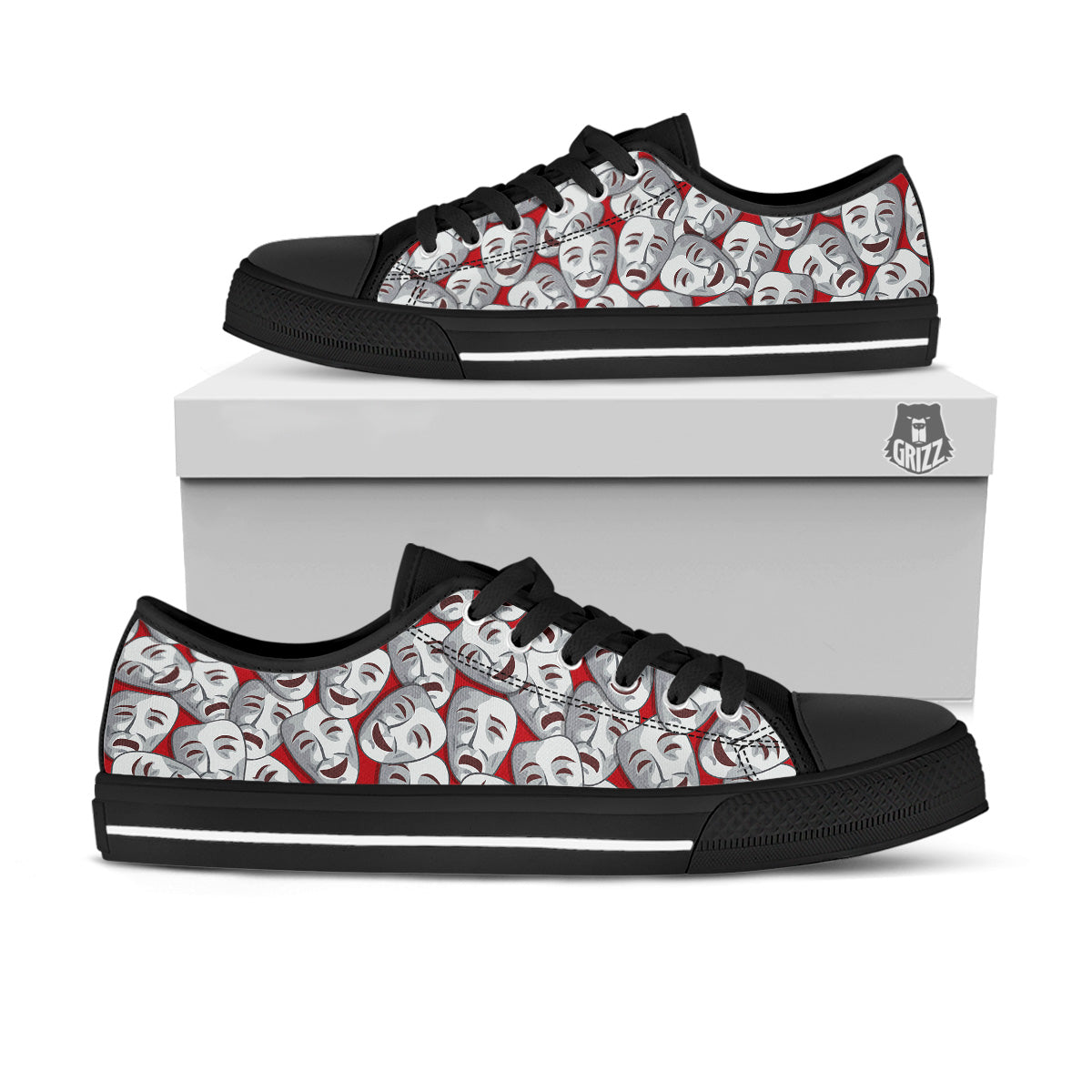 Happy And Sad Theatrical Masks Print Pattern Black Low Top Shoes-grizzshop