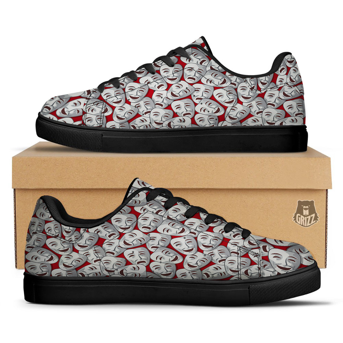 Happy And Sad Theatrical Masks Print Pattern Black Low Top Sneakers-grizzshop