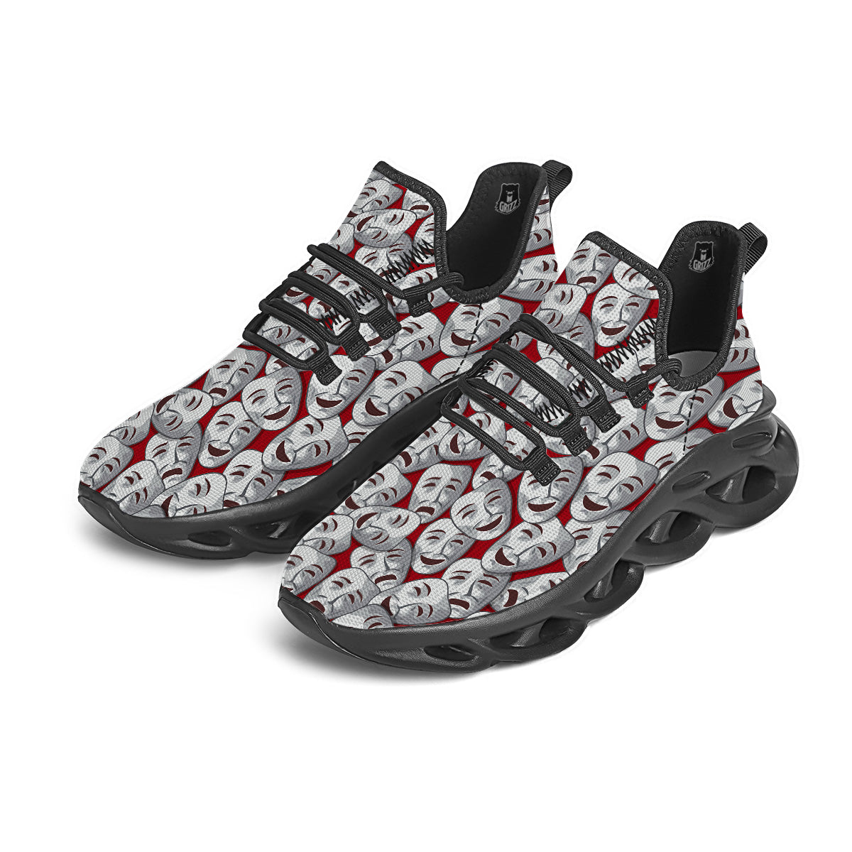 Happy And Sad Theatrical Masks Print Pattern Black Running Shoes-grizzshop