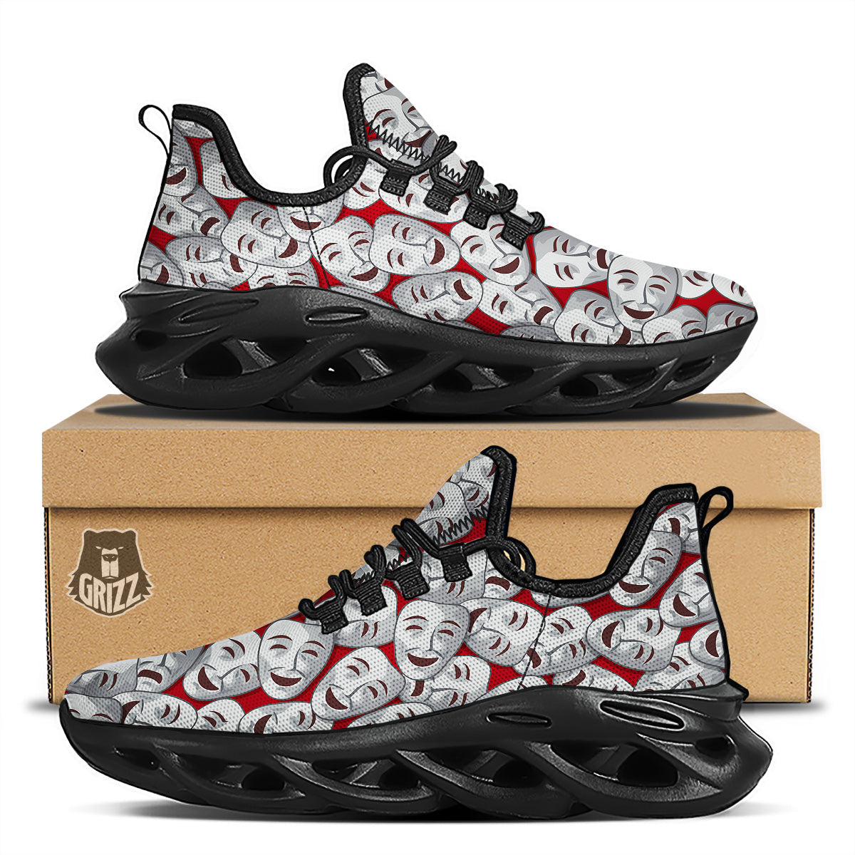 Happy And Sad Theatrical Masks Print Pattern Black Running Shoes-grizzshop