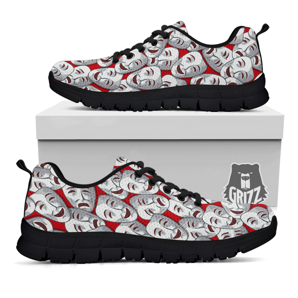 Happy And Sad Theatrical Masks Print Pattern Black Sneaker-grizzshop