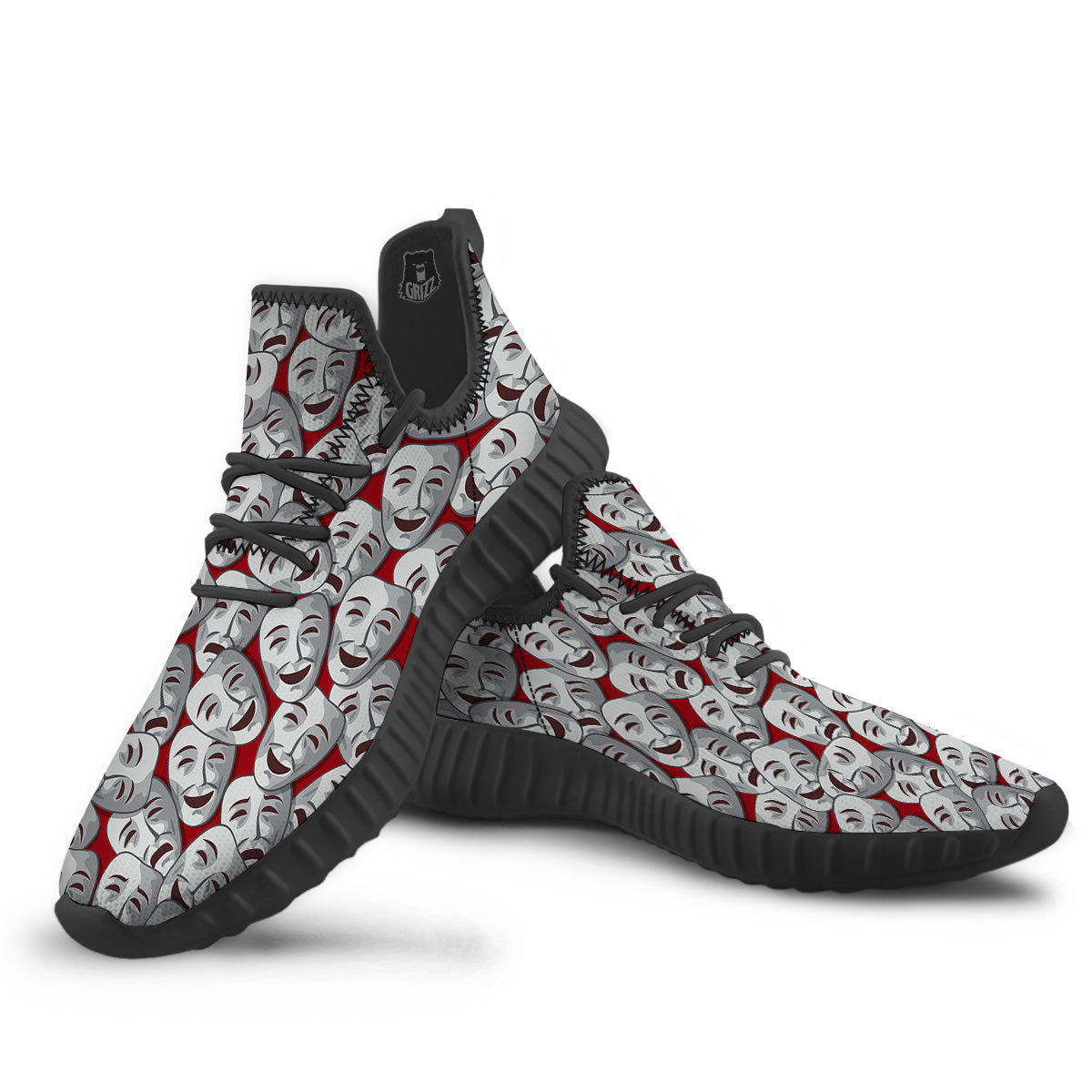 Happy And Sad Theatrical Masks Print Pattern Black Walking Shoes-grizzshop