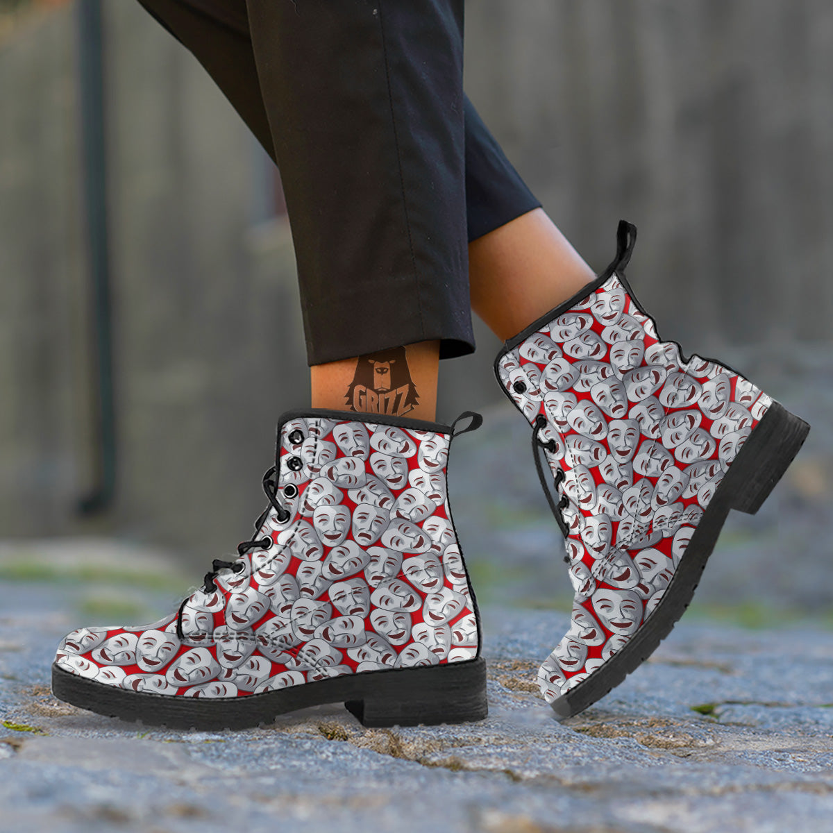 Happy And Sad Theatrical Masks Print Pattern Leather Boots-grizzshop