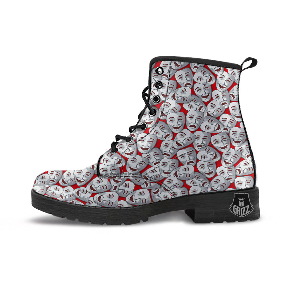 Happy And Sad Theatrical Masks Print Pattern Leather Boots-grizzshop
